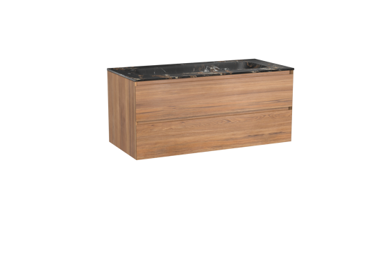 Balmani Mitra hängendes Möbelstück Set: 120 x 55 cm, Teak, mit Tablo Arcato Einzelwaschtisch für 2 Armaturenlöcher, Marmor Portoro Gold