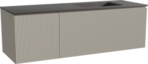 Storke Ribs meuble salle de bains suspendu 150 x 52 cm soie grise avec Scuro plan vasque asymétrique à droite en quartz noir mat, Nervure droite symétrique verticale