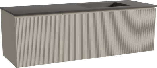 Storke Ribs meuble salle de bains suspendu 150 x 52 cm soie grise avec Scuro plan vasque asymétrique à droite en quartz noir mat, Nervure droite symétrique verticale