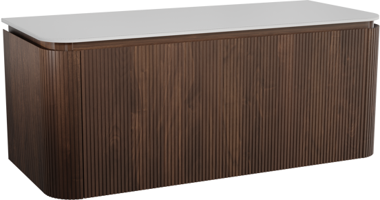 Balmani Moon meuble salle de bains suspendu 130 x 55 cm noyer américain avec Moon tablette simple ou double en solid surface blanc mat, Nervure droite symétrique verticale