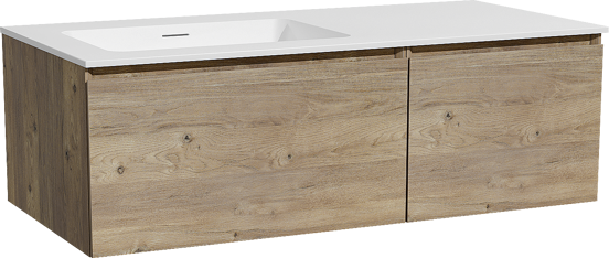 Storke Edge meuble salle de bains suspendu 110 x 52 cm chêne brut avec Mata plan vasque asymétrique à gauche en solid surface blanc mat