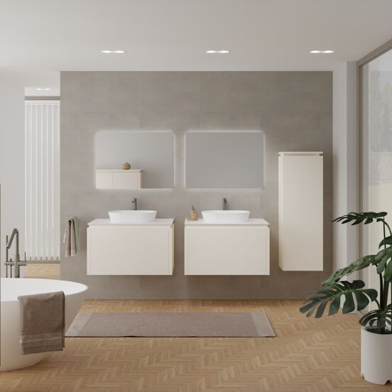 Balmani Eclips zwevend badkamermeubel 90 x 55 cm Sandbeige met Eclips enkel tablet in Solid Surface mat wit