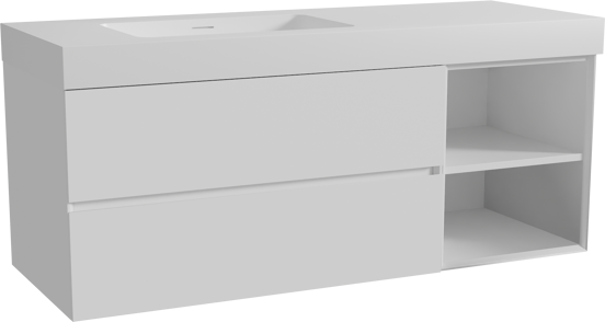 Storke Edge zwevend badkamermeubel 140 x 52 cm mat wit met Mata High asymmetrisch linkse wastafel in solid surface mat wit