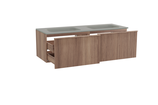 Balmani Forma zwevend badmeubel 150 x 55 cm teakhout met Tablo Strada dubbele wastafel in composietmarmer zijdegrijs, Verticale symmetrische rechte ribbel