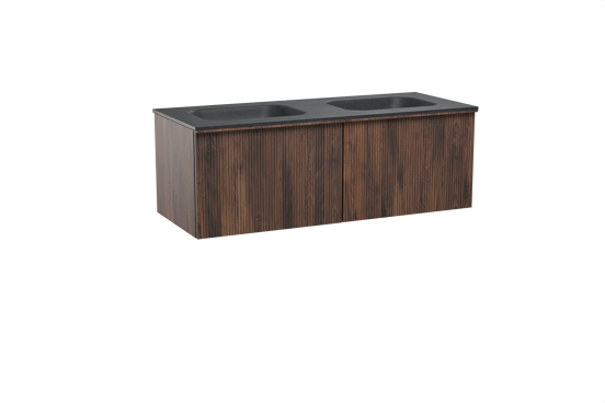 Balmani Forma zwevend badkamermeubel 135 x 55 cm amerikaanse notelaar met Tablo Arcato dubbele wastafel in graniet zwart, Verticale symmetrische rechte ribbel