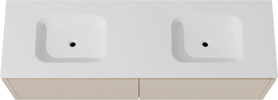 Balmani Eclips zwevend badkamermeubel 180 x 55 cm Sandbeige met Eclips dubbele wastafel in Solid Surface mat wit, Verticale symmetrische rechte ribbel