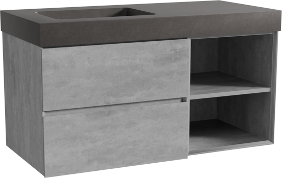 Storke Edge meuble salle de bains suspendu 110 x 52 cm béton gris foncé avec Scuro High plan vasque asymétrique à gauche en quartz noir mat