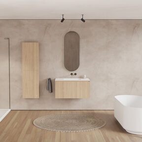 Balmani Fila meuble salle de bains suspendu 90 x 55 cm chêne naturel avec Tablo Arcato plan simple en solid surface blanc mat, Nervure droite symétrique verticale