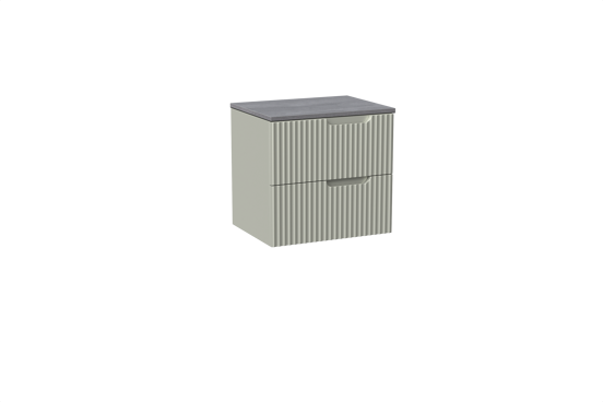 Linie Ribbo zwevend badmeubel 60 x 46 cm greige met Lado enkel wastafelblad in melamine beton donkergrijs, Verticale symmetrische ronde ribbel