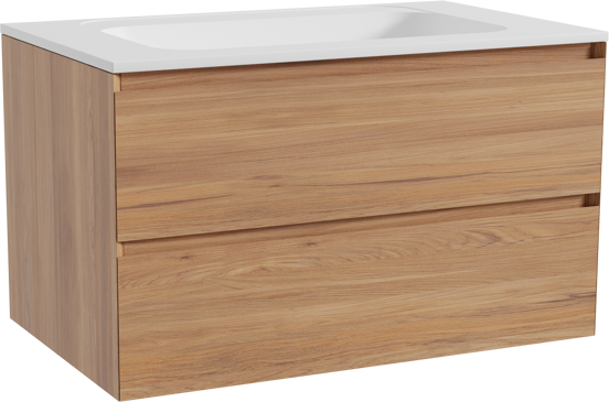 Balmani Mitra meuble salle de bains suspendu 90 x 55 cm teck avec Tablo Strada plan simple en marbre composite blanc mat