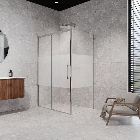 Balmani Senses Design douchehoek met linkse schuifdeur en vaste zijwand, 140 x 80 cm, Helder glas met matte strook, Glanzend chroom profielen, met coating