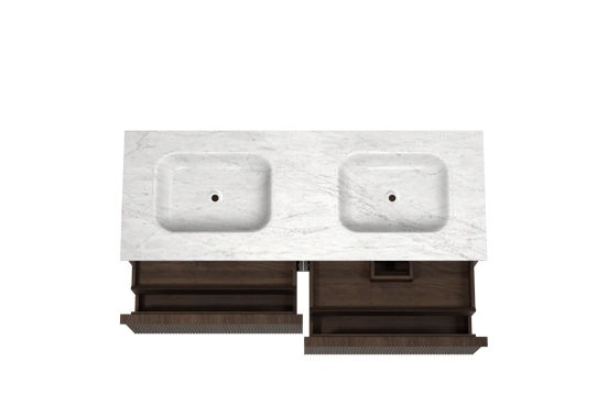 Balmani Forma zwevend badkamermeubel 150 x 55 cm gerookte eik met Tablo Arcato dubbele wastafel in marmer carrara, Verticale symmetrische rechte ribbel