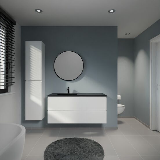Linie Lado meuble salle de bains suspendu 120 x 46 cm blanc brillant avec Vano plan vasque asymétrique à gauche en marbre composite noir mat