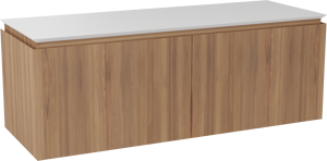 Balmani Eclips meuble salle de bains suspendu 150 x 55 cm Teck avec Eclips tablette simple ou double vasque en Solid Surface blanc mat