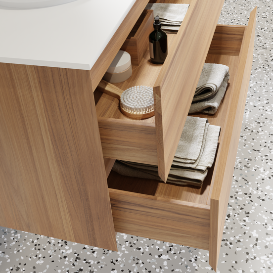 Balmani Mitra zwevend badkamermeubel 120 x 55 cm teak met Stretto enkel of dubbel tablet in solid surface mat wit