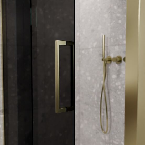 Balmani Senses Design douchehoek met linkse schuifdeur en vaste zijwand, 160 x 90 cm, Rookglas, Brushed Champagne Gold profielen