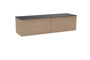 Balmani Forma zwevend badkamermeubel 180 x 55 cm natuur eik met Stretto enkel of dubbel tablet in graniet zwart, Horizontale symmetrische rechte ribbel