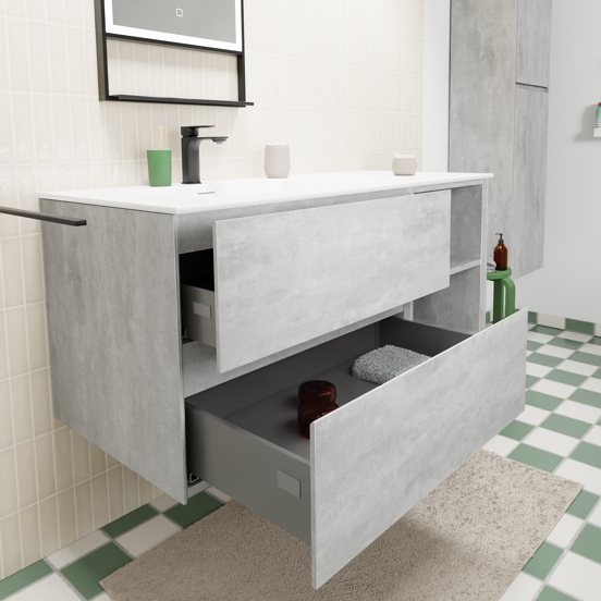 Storke Edge meuble salle de bains suspendu 120 x 52 cm béton gris foncé avec Mata plan vasque asymétrique à gauche en solid surface blanc mat
