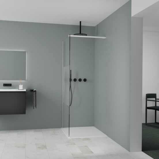 Balmani Modular inloopdouche: 90 x 200 cm, Helder glas met matte strook met coating, Mat witte profielen