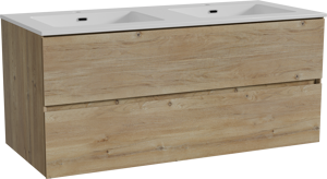 Storke Edge hängendes Möbelstück Set: 120 x 52 cm, Rohe Eiche, mit Diva Doppelwaschtisch, Marmorkomposit Weiß glänzend