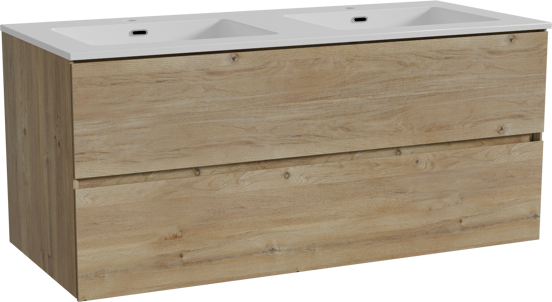 Storke Edge hängendes Möbelstück Set: 120 x 52 cm, Rohe Eiche, mit Diva Doppelwaschtisch, Marmorkomposit Weiß glänzend