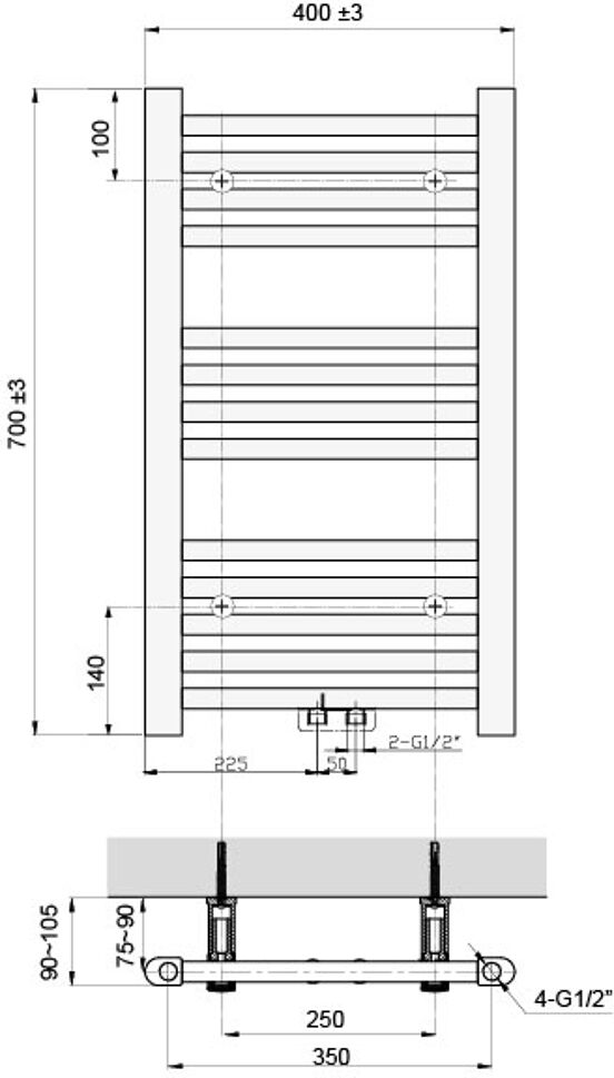 Vipera Kanza enkele handdoekradiator 40 x 70 cm centrale verwarming mat zwart zij- en middenaansluiting 300W