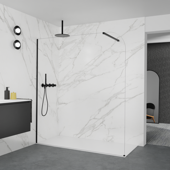 Balmani Modular inloopdouche: 180 x 200 cm, Helder glas afgerond met coating, Mat zwarte profielen