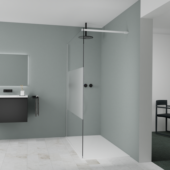Balmani Modular Walk-In Dusche: 160 x 200 cm, Klarglas mit mattiertem Streifen, inklusive Coating, Profil Weiß matt