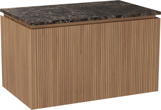 Balmani Eclips meuble salle de bains suspendu 90 x 55 cm Teck avec Stretto tablette simple en Dark Emperador marbre, Nervure droite symétrique verticale