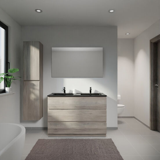 Linie Lado freistehendes Möbelstück Set: 120 x 46 cm, Graue Eiche, mit Vano Doppelwaschtisch, Marmorkomposit Schwarz matt