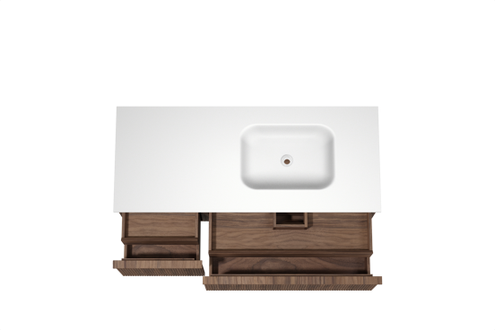 Balmani Forma meuble salle de bains suspendu 135 x 55 cm noyer américain avec Tablo Arcato vasque asymétrique droite en solid surface blanc mat, Nervure droite symétrique verticale