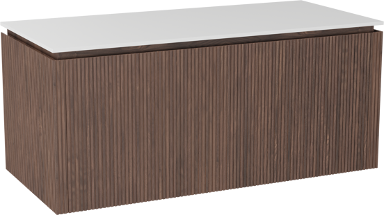 Balmani Eclips meuble salle de bains suspendu 120 x 55 cm Noyer américain avec Stretto tablette simple ou double en Solid Surface blanc mat, Nervure droite symétrique verticale