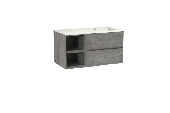 Storke Edge zwevend badmeubel 100 x 52 cm beton donkergrijs met Mata asymmetrisch rechtse wastafel in solid surface mat wit
