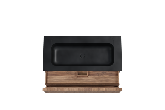 Balmani Forma meuble salle de bains suspendu 120 x 55 cm noyer américain avec Tablo Strada lavabo simple pour 2 trous de robinet en marbre composite noir mat, Nervure circulaire asymétrique verticale