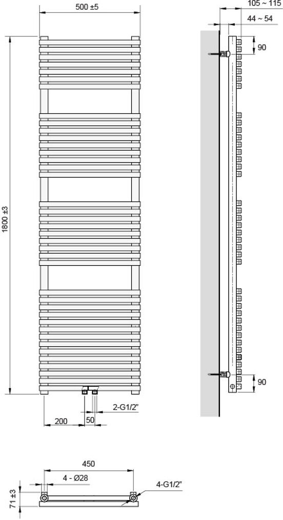 Vipera Vesuvio einzel Handtuchheizkörper 50 x 180 cm elektrische Heizung weiß matt Seiten- und Mittelanschluss 1.205W, inkl. Widerstand, nicht für Deutschland geeignet