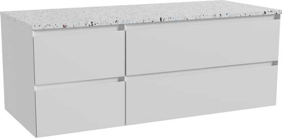 Balmani Mitra zwevend badkamermeubel 135 x 55 cm mat wit met Stretto enkel of dubbel tablet in mat wit/zwart terrazzo