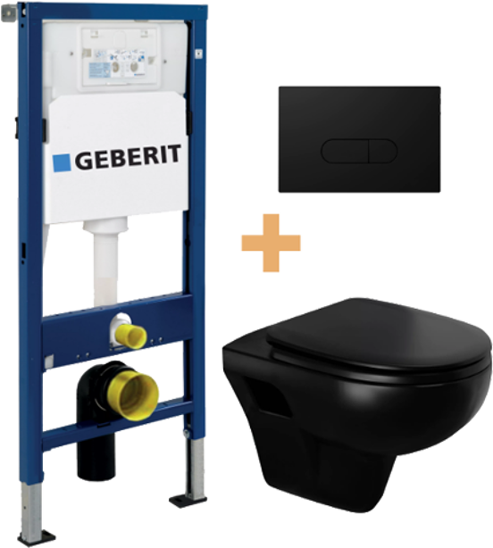 Linie Enzo mat zwart randloos met luxe wc-bril en Geberit Duofix UP100 Delta inbouwreservoir en bedieningspaneel
