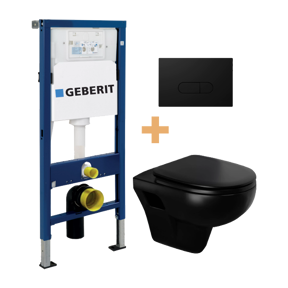 Linie Enzo mat zwart randloos met luxe wc-bril en Geberit Duofix UP100 Delta inbouwreservoir en bedieningspaneel