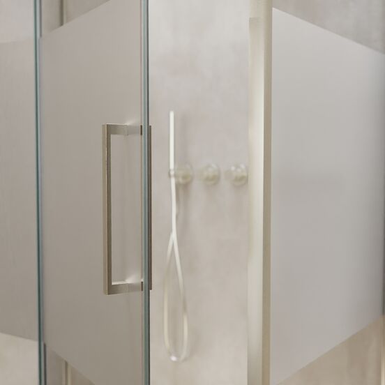 Balmani Senses Design douchehoek met linkse draaideur en vaste zijwand, 100 x 100 cm, Helder glas met matte strook, Brushed CoolMetal profielen, met coating