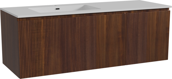 Storke Ribs zwevend badmeubel 140 x 52 cm notenhout met Diva asymmetrisch linkse wastafel in composietmarmer hoogglans wit, Verticale symmetrische rechte ribbel