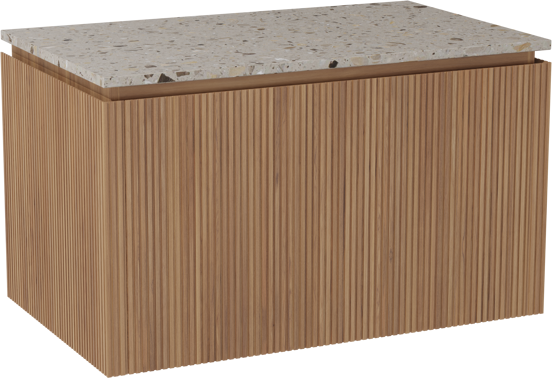 Balmani Eclips meuble salle de bains suspendu 90 x 55 cm Teck avec Stretto tablette simple en Terrazzo greige, Nervure droite symétrique verticale