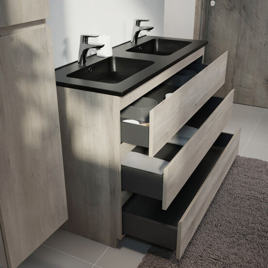 Linie Lado freistehendes Möbelstück Set: 120 x 46 cm, Graue Eiche, mit Vano Doppelwaschtisch, Marmorkomposit Schwarz matt