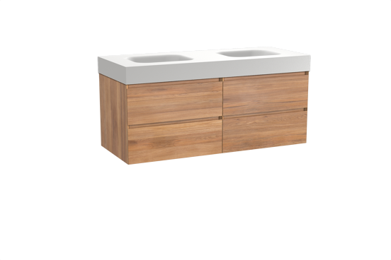 Balmani Mitra meuble salle de bains suspendu 135 x 55 cm teck avec Arcato double vasque en solid surface blanc mat