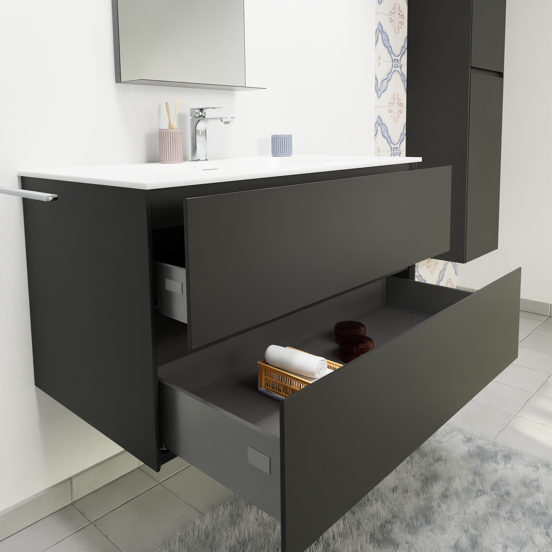 Storke Edge meuble salle de bains suspendu 95 x 52 cm noir mat avec Scuro High plan simple en quartz noir mat