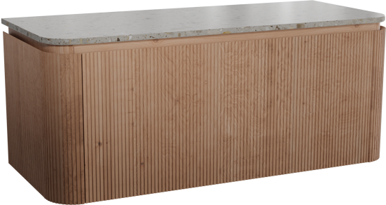 Balmani Moon zwevend badkamermeubel 130 x 55 cm natuur eik met Moon enkel of dubbel tablet in terrazzo greige terrazzo, Verticale symmetrische rechte ribbel