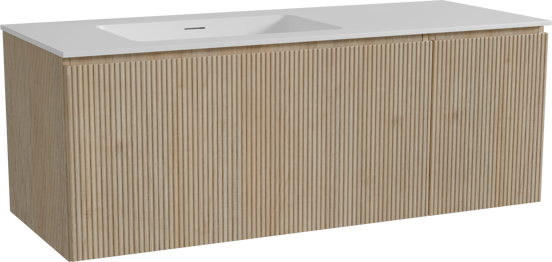 Storke Ribs zwevend badmeubel 130 x 52 cm ruw eiken met Mata asymmetrisch linkse wastafel in solid surface mat wit, Verticale symmetrische rechte ribbel