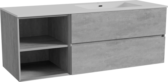Storke Edge meuble salle de bains suspendu 140 x 52 cm béton gris foncé avec Diva plan vasque asymétrique à droite en marbre composite blanc brillant