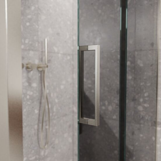 Balmani Senses Design douche en coin avec porte coulissante à droite et paroi latérale fixe, 120 x 80 cm, Miroir Reflex, Profil Brushed CoolMetal