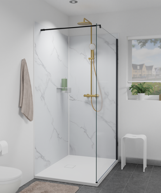 Linie Plato set douchewandpanelen 90 x 90 x 260cm pvc witte marmer look Trentino