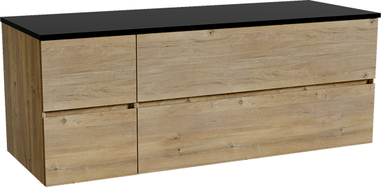 Storke Edge zwevend badmeubel 140 x 52 cm ruw eiken met Panton enkel of dubbel wastafelblad in gepoedercoate mdf mat zwart